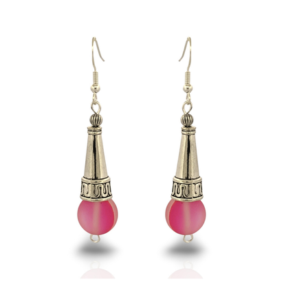 BeSheek Sterling Silver Fucsia Pink Tibetan Filigree Cone and Mermaid Glass Dangle Earrings
