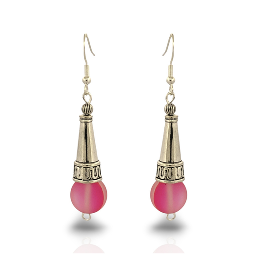 BeSheek Sterling Silver Fucsia Pink Tibetan Filigree Cone and Mermaid Glass Dangle Earrings