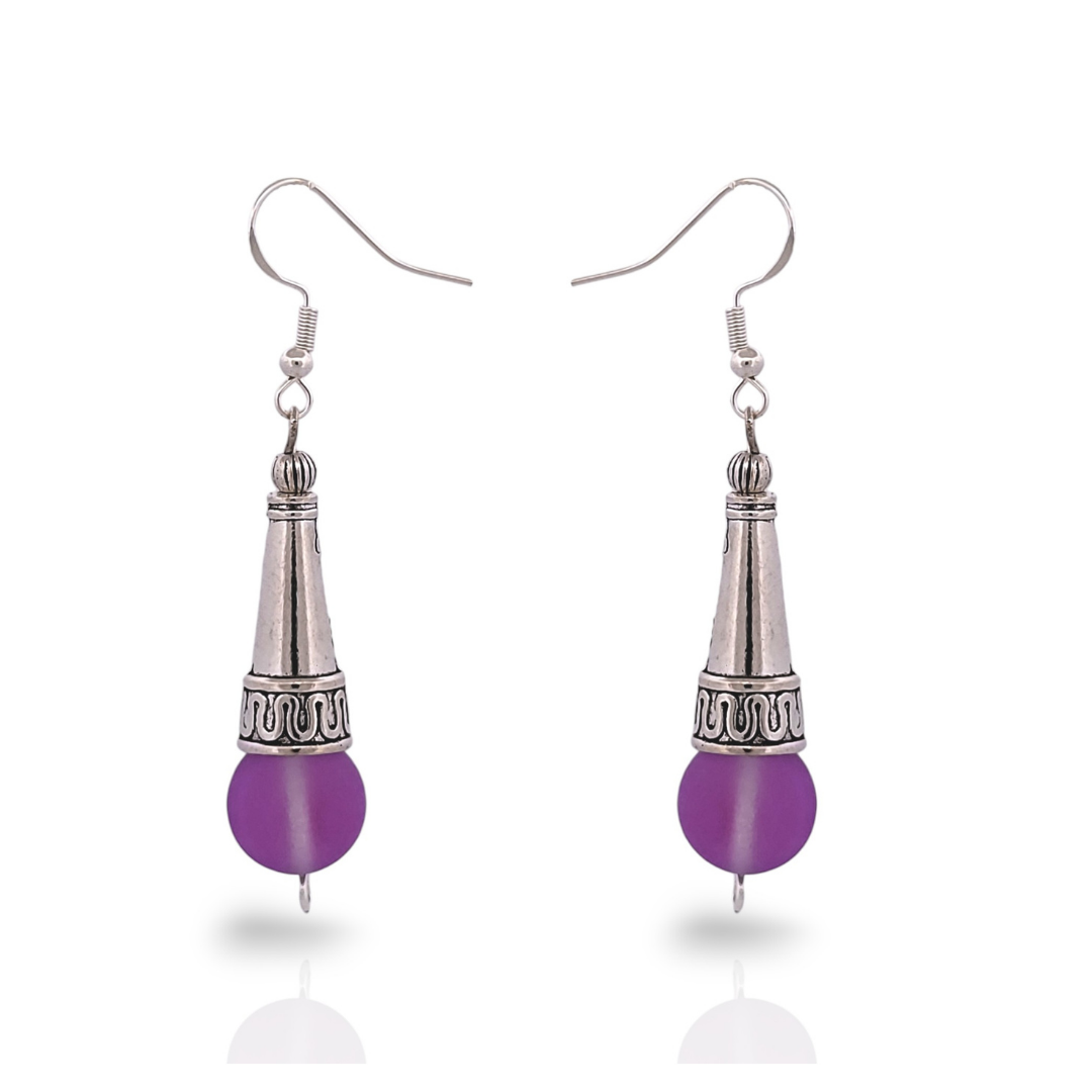 BeSheek Sterling Silver Purple Tibetan Filigree Cone and Mermaid Glass Dangle Earrings