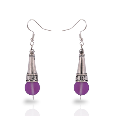 BeSheek Sterling Silver Purple Tibetan Filigree Cone and Mermaid Glass Dangle Earrings