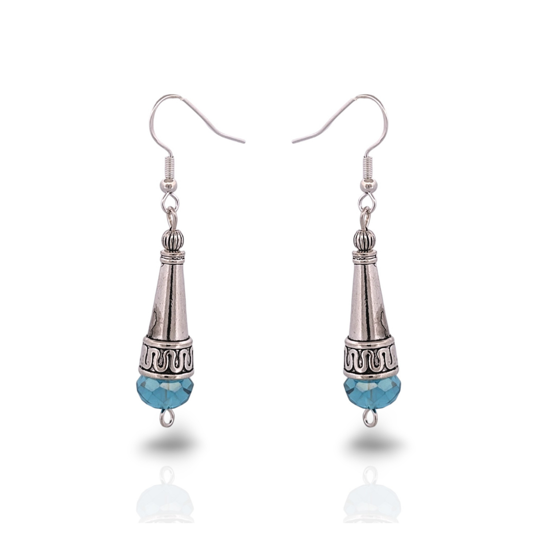 BeSheek Sterling Silver Blue Tibetan Filigree Cone and Crystal Glass Dangle Earrings