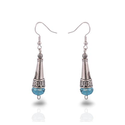 BeSheek Sterling Silver Blue Tibetan Filigree Cone and Crystal Glass Dangle Earrings