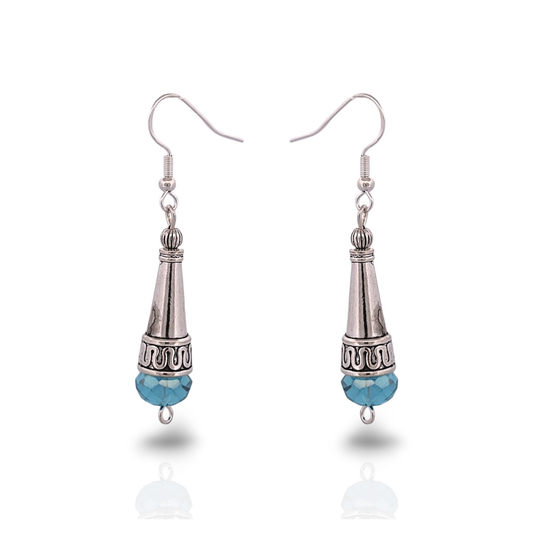BeSheek Sterling Silver Blue Tibetan Filigree Cone and Crystal Glass Dangle Earrings