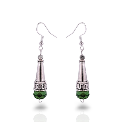 BeSheek Sterling Silver Green Tibetan Filigree Cone and Crystal Glass Dangle Earrings