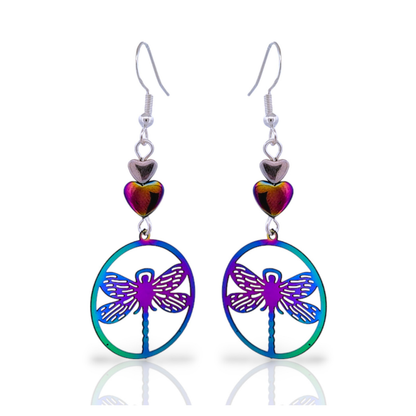 BeSheek Sterling Silver Electroplated Rainbow Hematite and Stainless Steel Dragonfly Dangle Earrings
