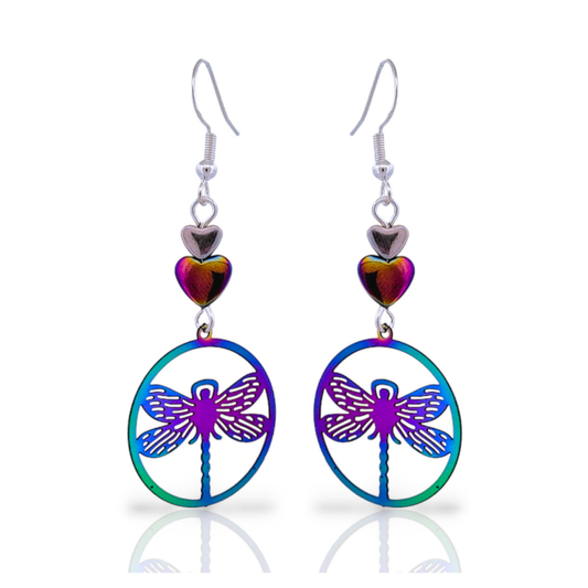 BeSheek Sterling Silver Electroplated Rainbow Hematite and Stainless Steel Dragonfly Dangle Earrings