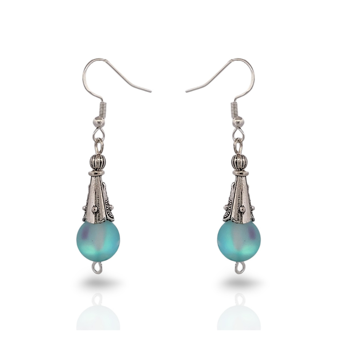 BeSheek Sterling Silver Light Blue Mermaid Glass and Tibetan Cone Dangle Fish Hook Earrings