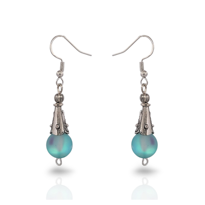 BeSheek Sterling Silver Light Blue Mermaid Glass and Tibetan Cone Dangle Fish Hook Earrings