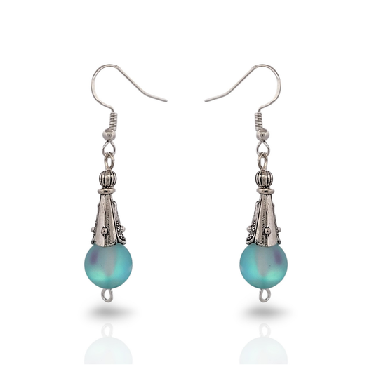BeSheek Sterling Silver Light Blue Mermaid Glass and Tibetan Cone Dangle Fish Hook Earrings