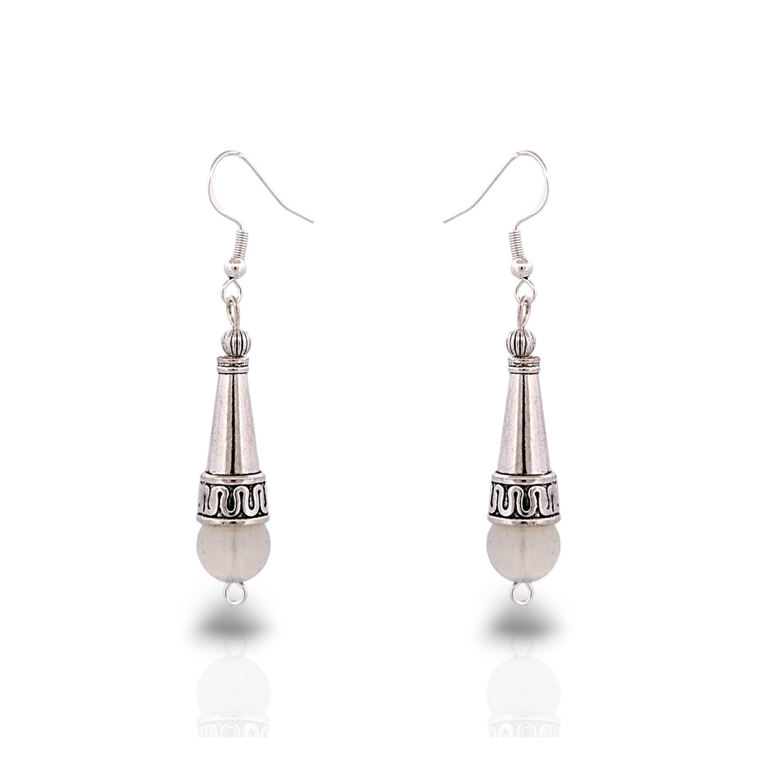 BeSheek Sterling Silver Tibetan Filigree Cone and Moonstone Dangle Earrings