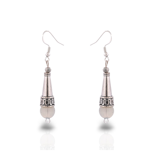 BeSheek Sterling Silver Tibetan Filigree Cone and Moonstone Dangle Earrings