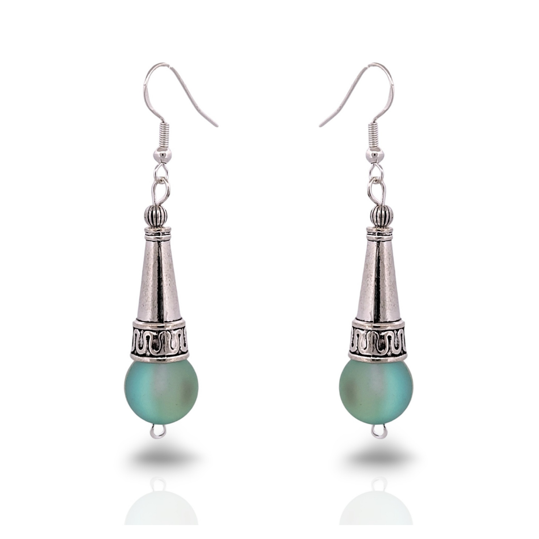 BeSheek Sterling Silver Green Tibetan Filigree Cone and Mermaid Glass Dangle Earrings