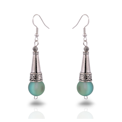 BeSheek Sterling Silver Green Tibetan Filigree Cone and Mermaid Glass Dangle Earrings