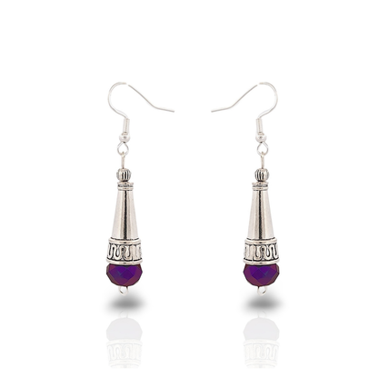 BeSheek Sterling Silver Purple Tibetan Filigree Cone and Crystal Glass Dangle Earrings