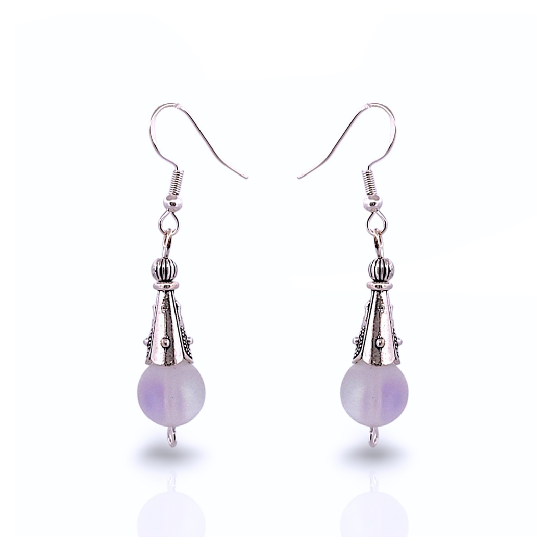 BeSheek Sterling Silver Clear Mermaid Glass and Tibetan Cone Dangle Fish Hook Earrings