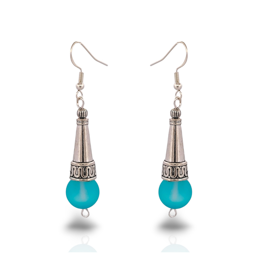 BeSheek Sterling Silver Light Blue Tibetan Filigree Cone and Mermaid Glass Dangle Earrings