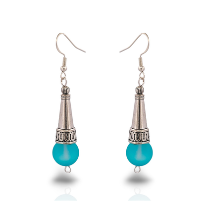 BeSheek Sterling Silver Light Blue Tibetan Filigree Cone and Mermaid Glass Dangle Earrings