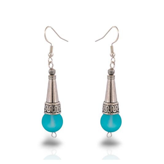 BeSheek Sterling Silver Light Blue Tibetan Filigree Cone and Mermaid Glass Dangle Earrings