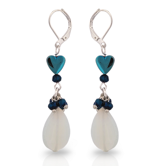 BeSheek Silvertone Mermaid glass, Moonstone and Blue Heart Hematite Leverback dangle Earrings