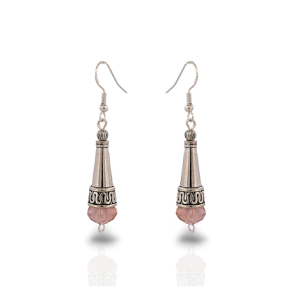 BeSheek Sterling Silver Pink Tibetan Filigree Cone and Crystal Glass Dangle Earrings