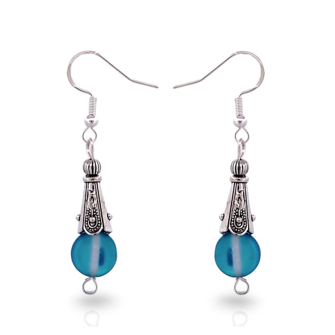 BeSheek Sterling Silver Royal Blue Mermaid Glass and Tibetan Cone Dangle Fish Hook Earrings