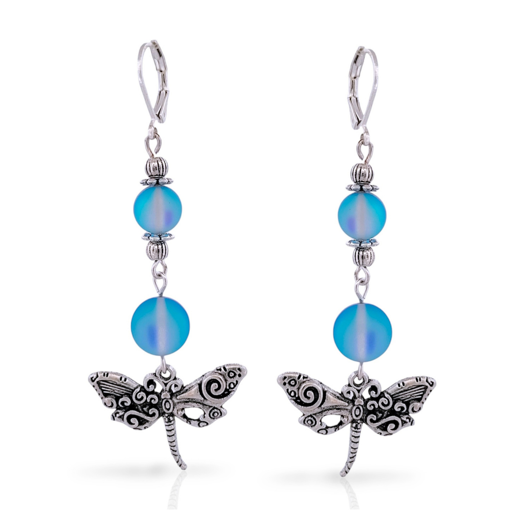 BeSheek Silvertone Mermaid glass and Filigree Dragonfly Dangle Leverback Earrings
