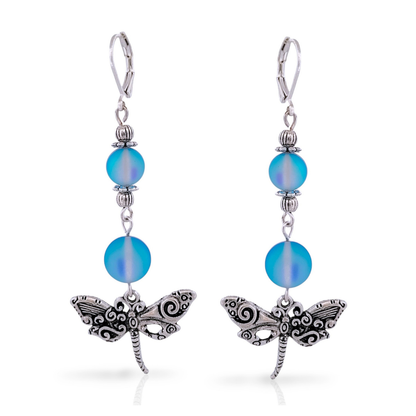BeSheek Silvertone Mermaid glass and Filigree Dragonfly Dangle Leverback Earrings