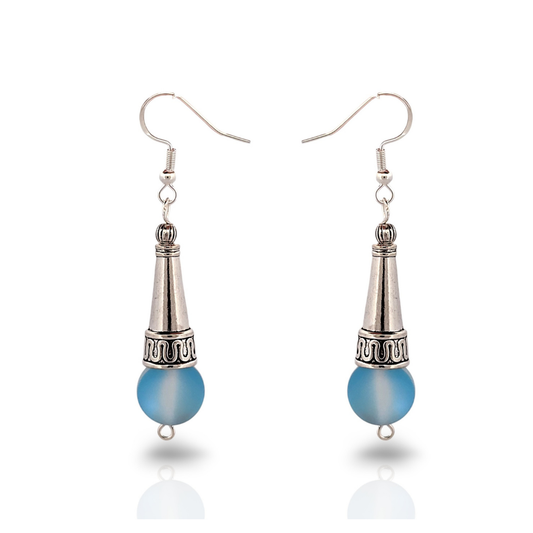 BeSheek Sterling Silver Royal Blue Tibetan Filigree Cone and Mermaid Glass Dangle Earrings