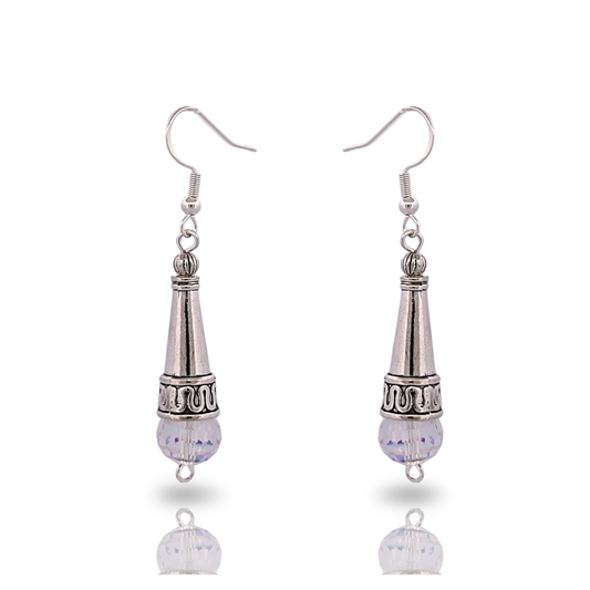 BeSheek Sterling Silver Clear AB Tibetan Filigree Cone and Crystal Glass Dangle Earrings