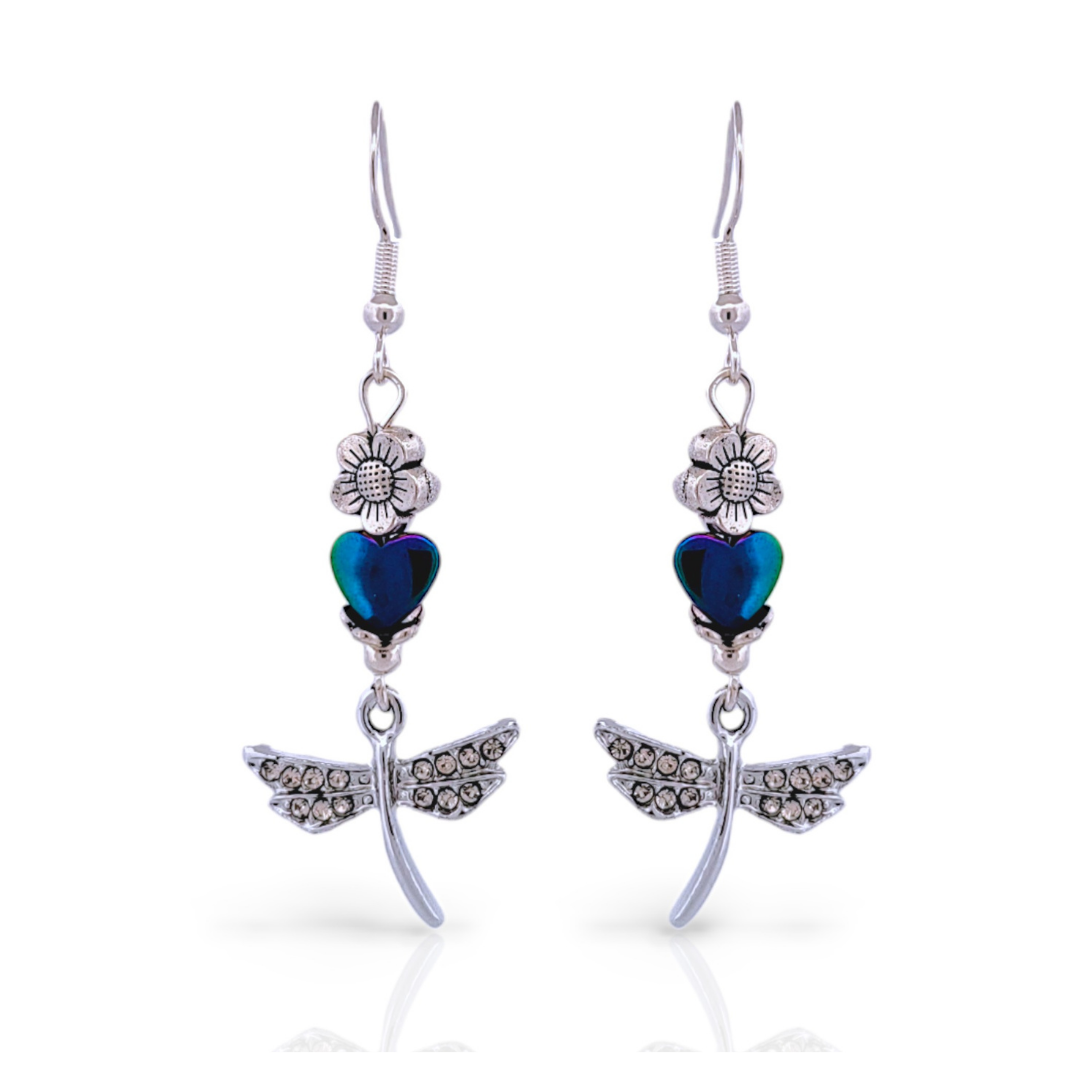 BeSheek Sterling Silver Rainbow Hematite Heart and Rhinestone Dragonfly Leverback Dangle Earrings