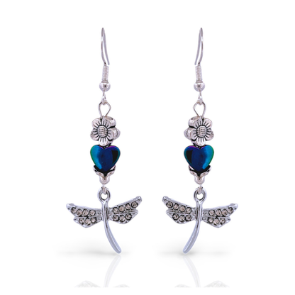 BeSheek Sterling Silver Rainbow Hematite Heart and Rhinestone Dragonfly Leverback Dangle Earrings