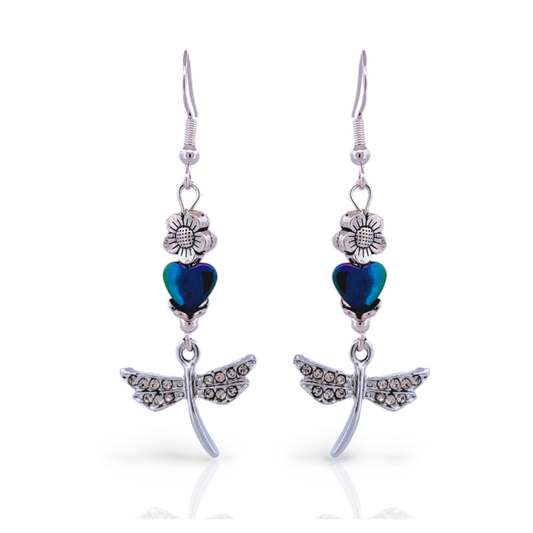BeSheek Sterling Silver Rainbow Hematite Heart and Rhinestone Dragonfly Leverback Dangle Earrings