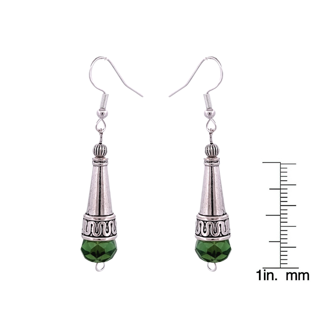 BeSheek Sterling Silver Green Tibetan Filigree Cone and Crystal Glass Dangle Earrings