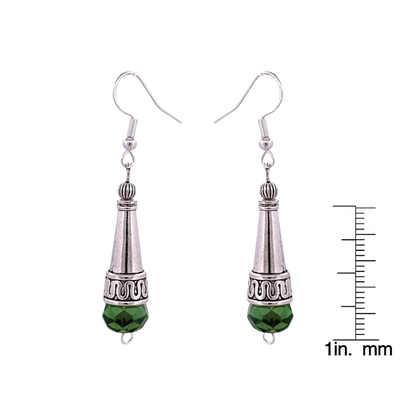 BeSheek Sterling Silver Green Tibetan Filigree Cone and Crystal Glass Dangle Earrings