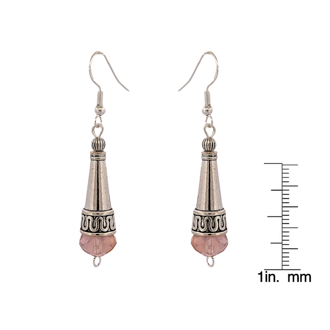BeSheek Sterling Silver Pink Tibetan Filigree Cone and Crystal Glass Dangle Earrings