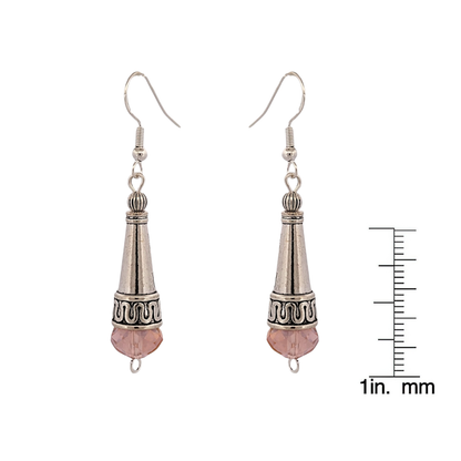 BeSheek Sterling Silver Pink Tibetan Filigree Cone and Crystal Glass Dangle Earrings