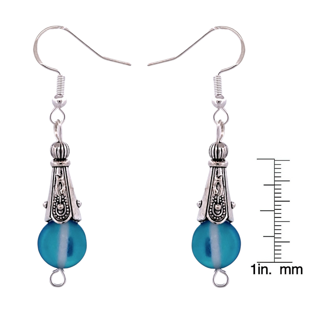 BeSheek Sterling Silver Royal Blue Mermaid Glass and Tibetan Cone Dangle Fish Hook Earrings