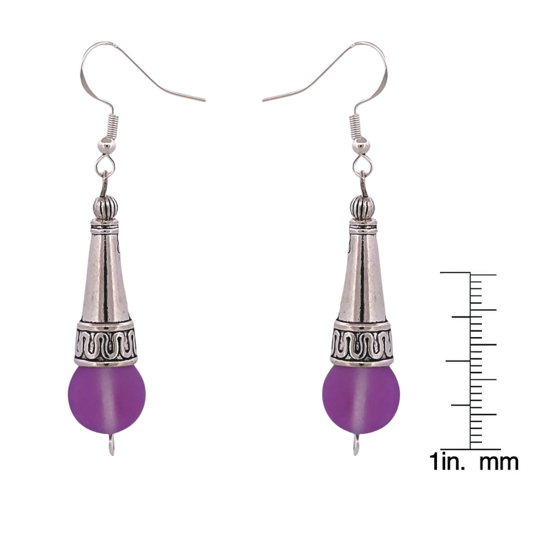 BeSheek Sterling Silver Purple Tibetan Filigree Cone and Mermaid Glass Dangle Earrings