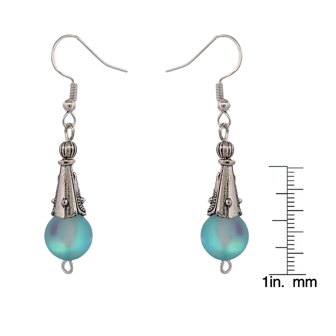 BeSheek Sterling Silver Light Blue Mermaid Glass and Tibetan Cone Dangle Fish Hook Earrings