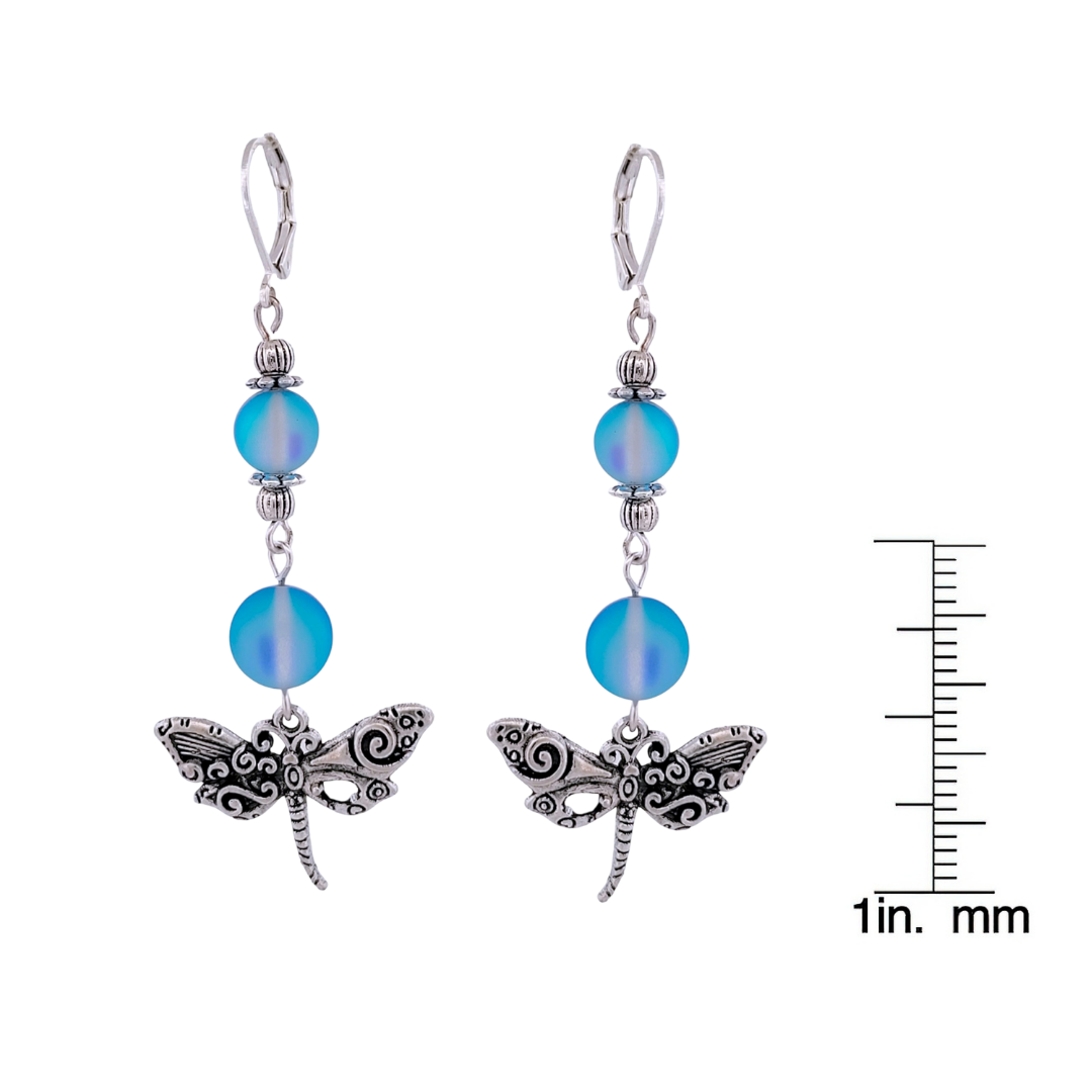 BeSheek Silvertone Mermaid glass and Filigree Dragonfly Dangle Leverback Earrings