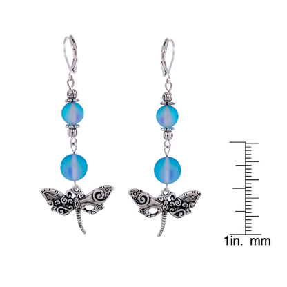 BeSheek Silvertone Mermaid glass and Filigree Dragonfly Dangle Leverback Earrings