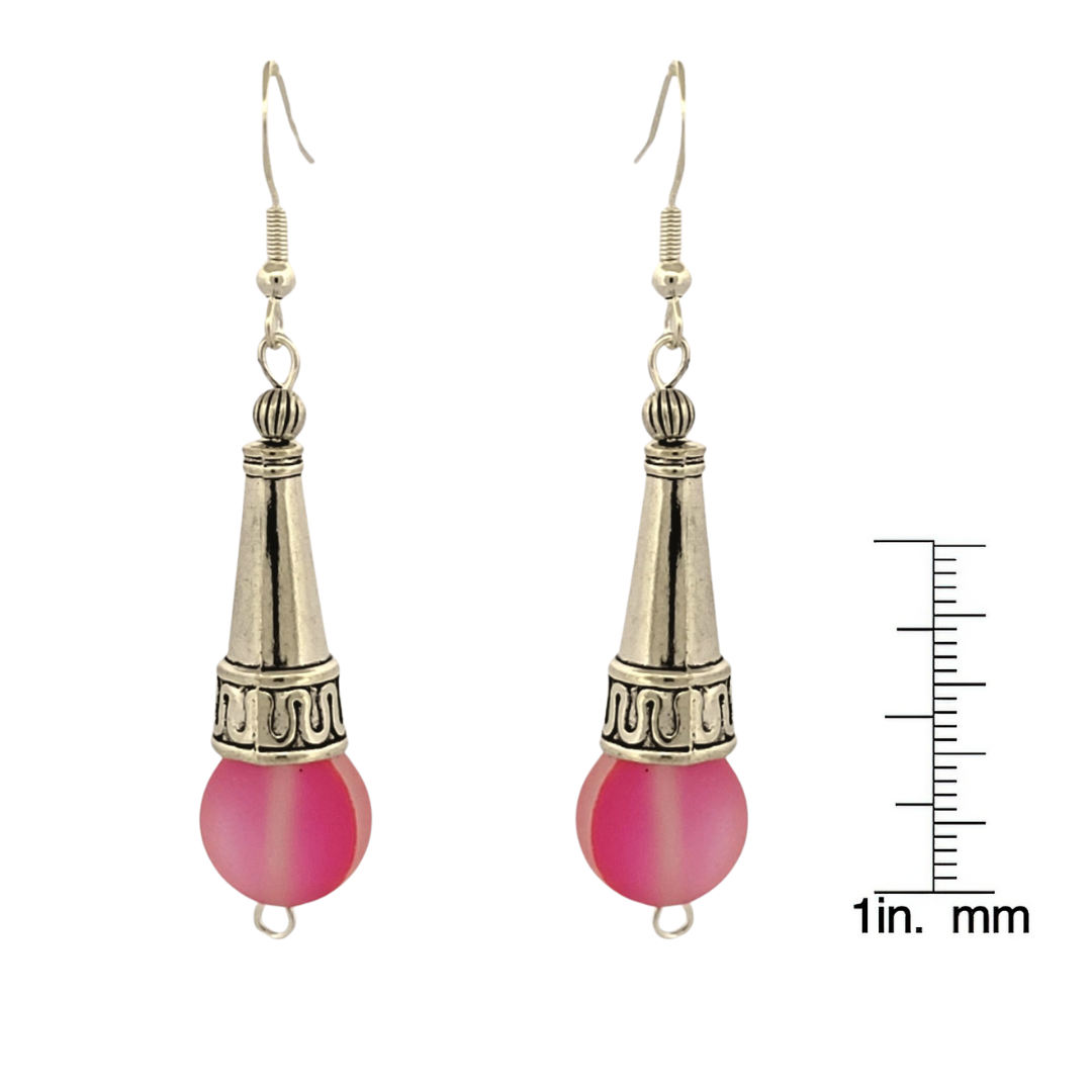BeSheek Sterling Silver Fucsia Pink Tibetan Filigree Cone and Mermaid Glass Dangle Earrings
