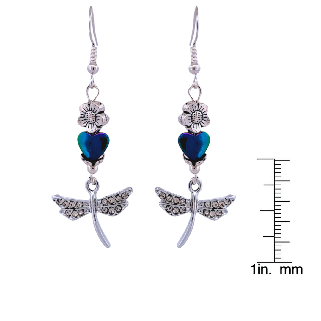 BeSheek Sterling Silver Rainbow Hematite Heart and Rhinestone Dragonfly Leverback Dangle Earrings