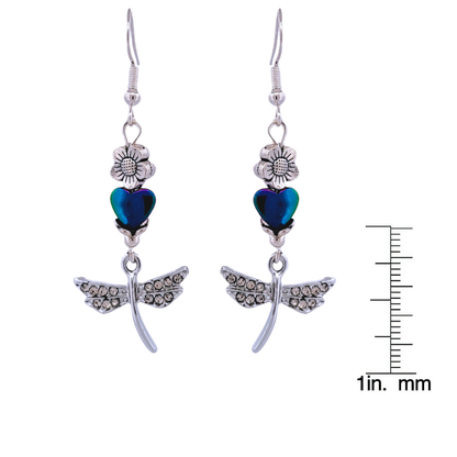 BeSheek Sterling Silver Rainbow Hematite Heart and Rhinestone Dragonfly Leverback Dangle Earrings