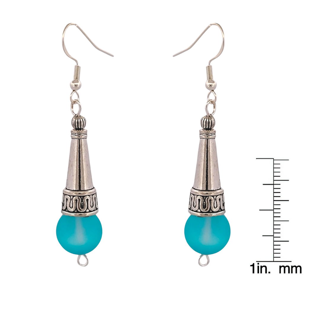 BeSheek Sterling Silver Light Blue Tibetan Filigree Cone and Mermaid Glass Dangle Earrings