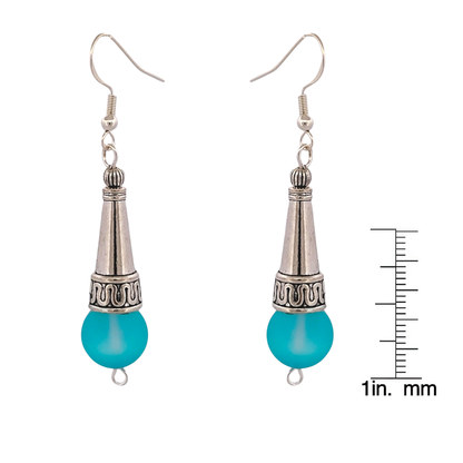BeSheek Sterling Silver Light Blue Tibetan Filigree Cone and Mermaid Glass Dangle Earrings
