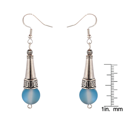 BeSheek Sterling Silver Royal Blue Tibetan Filigree Cone and Mermaid Glass Dangle Earrings