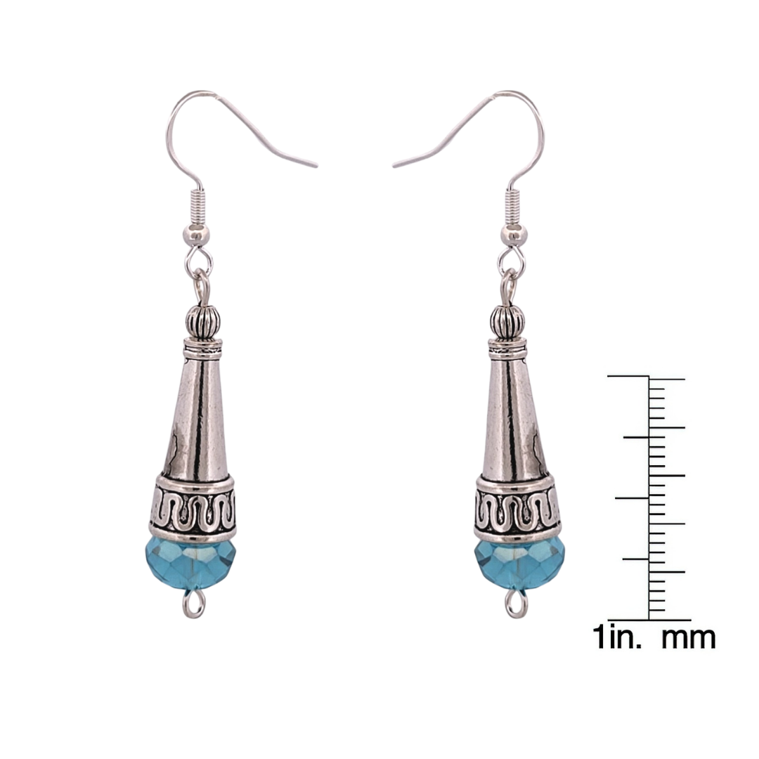 BeSheek Sterling Silver Blue Tibetan Filigree Cone and Crystal Glass Dangle Earrings