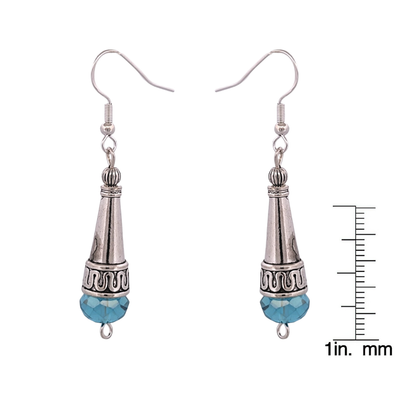BeSheek Sterling Silver Blue Tibetan Filigree Cone and Crystal Glass Dangle Earrings