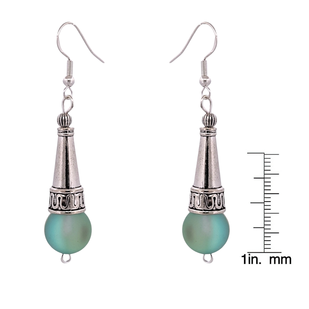 BeSheek Sterling Silver Green Tibetan Filigree Cone and Mermaid Glass Dangle Earrings